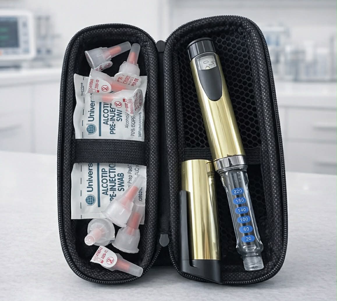 Pen case with pen, needles and swabs
